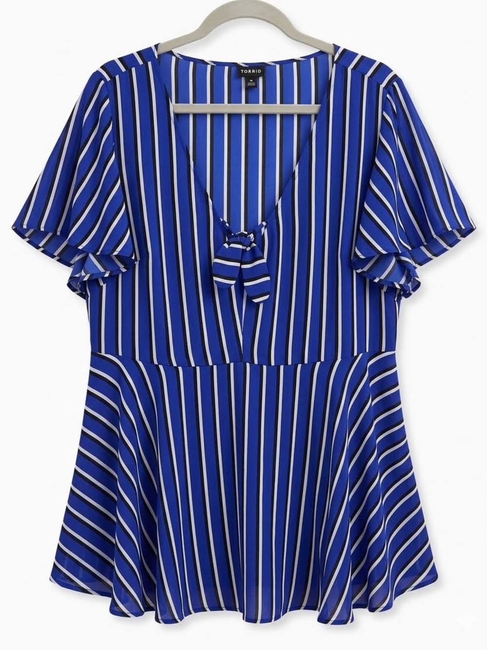 Torrid Royal Blue Striped Tie-Front Blouse Flutter Sleeve Peplum Top Plus Size